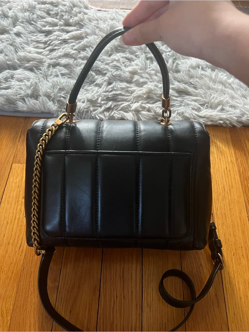 Tory Burch Black Quilted Leather Crossbody with Gold Logo with Top Handle